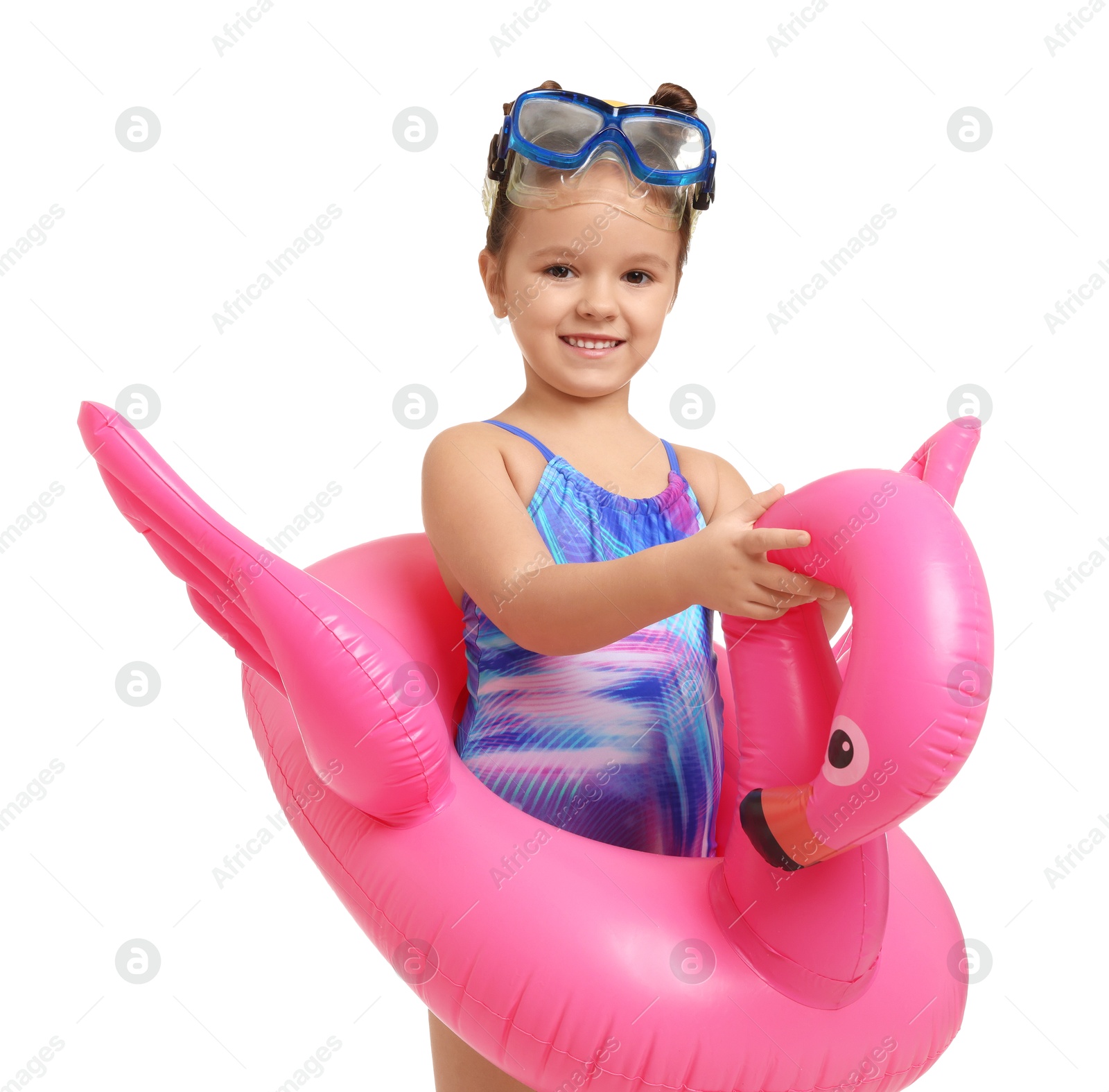 Photo of Cute little girl in swimsuit with inflatable ring on white background