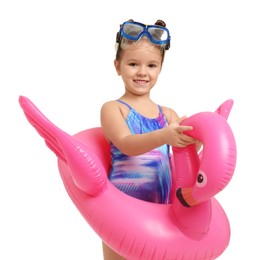 Photo of Cute little girl in swimsuit with inflatable ring on white background