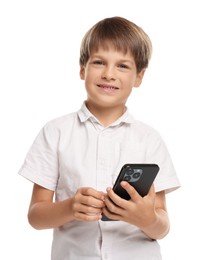 Photo of Cute little boy with smartphone on white background