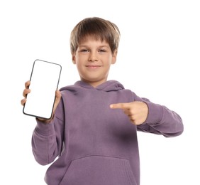 Cute little boy with smartphone on white background