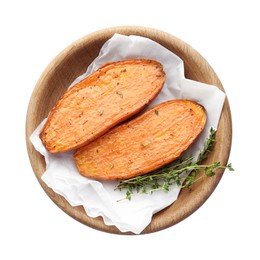 Photo of Halves of tasty cooked sweet potato with thyme isolated on white, top view