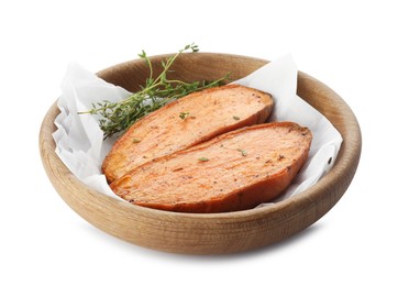 Photo of Halves of tasty cooked sweet potato with thyme isolated on white