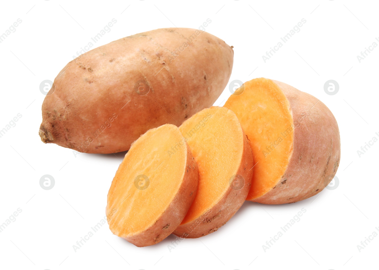 Photo of Fresh raw sweet potatoes isolated on white