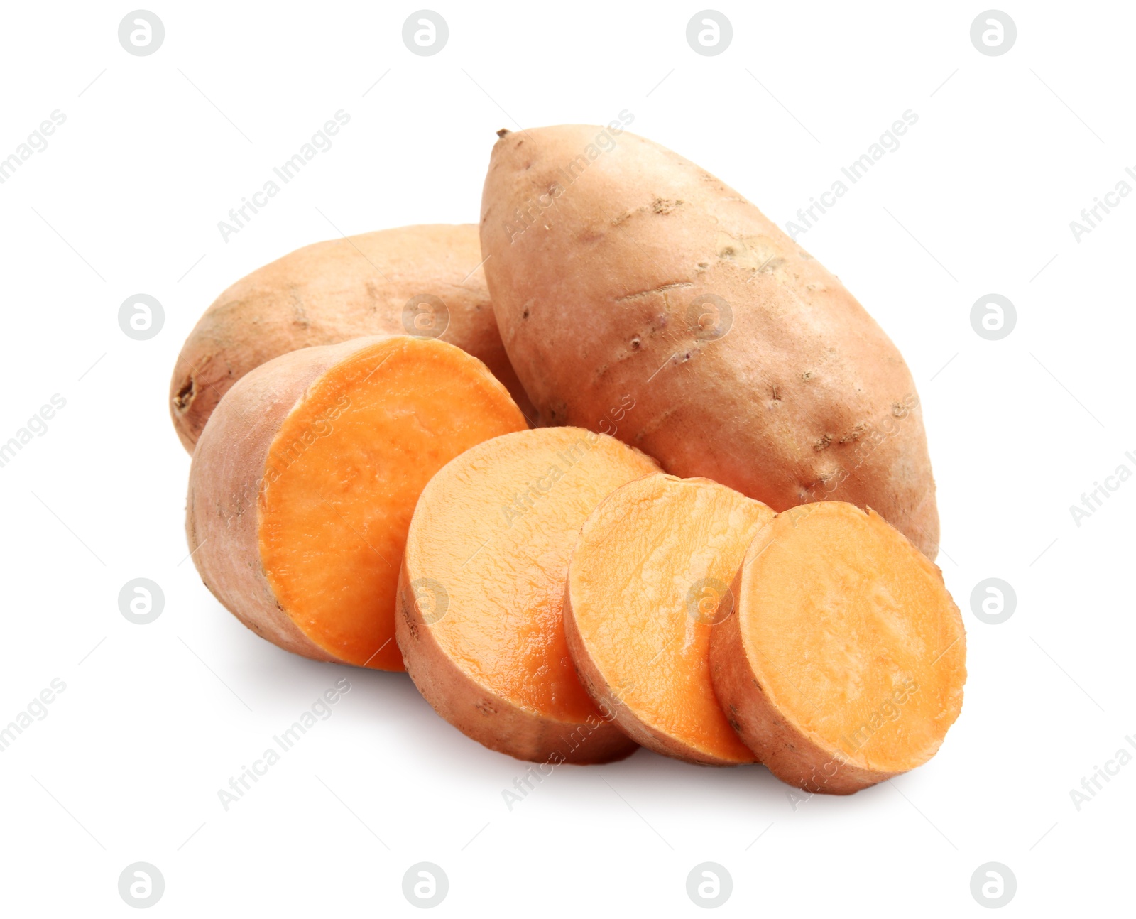 Photo of Fresh raw sweet potatoes isolated on white