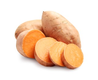 Photo of Fresh raw sweet potatoes isolated on white