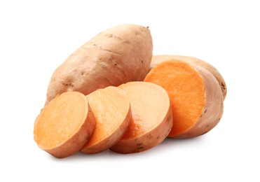 Photo of Fresh raw sweet potatoes isolated on white