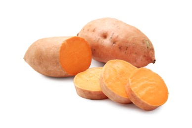 Photo of Fresh raw sweet potatoes isolated on white