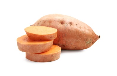 Photo of Fresh raw sweet potatoes isolated on white