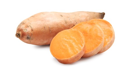 Photo of Fresh raw sweet potatoes isolated on white