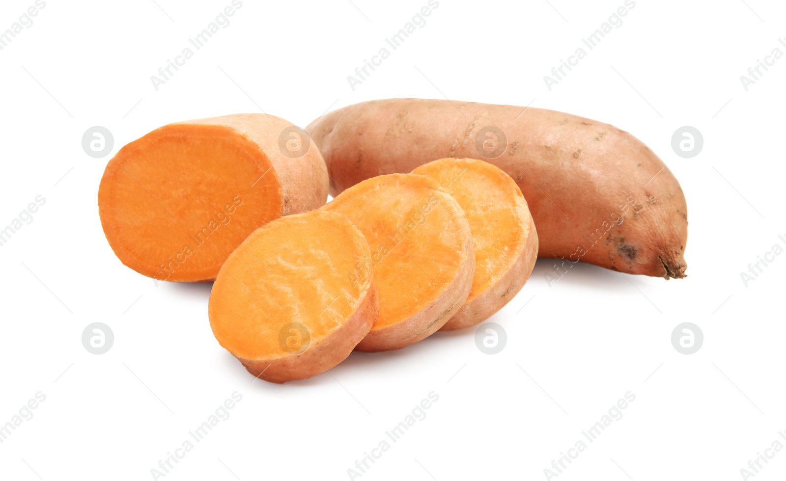 Photo of Fresh raw sweet potatoes isolated on white