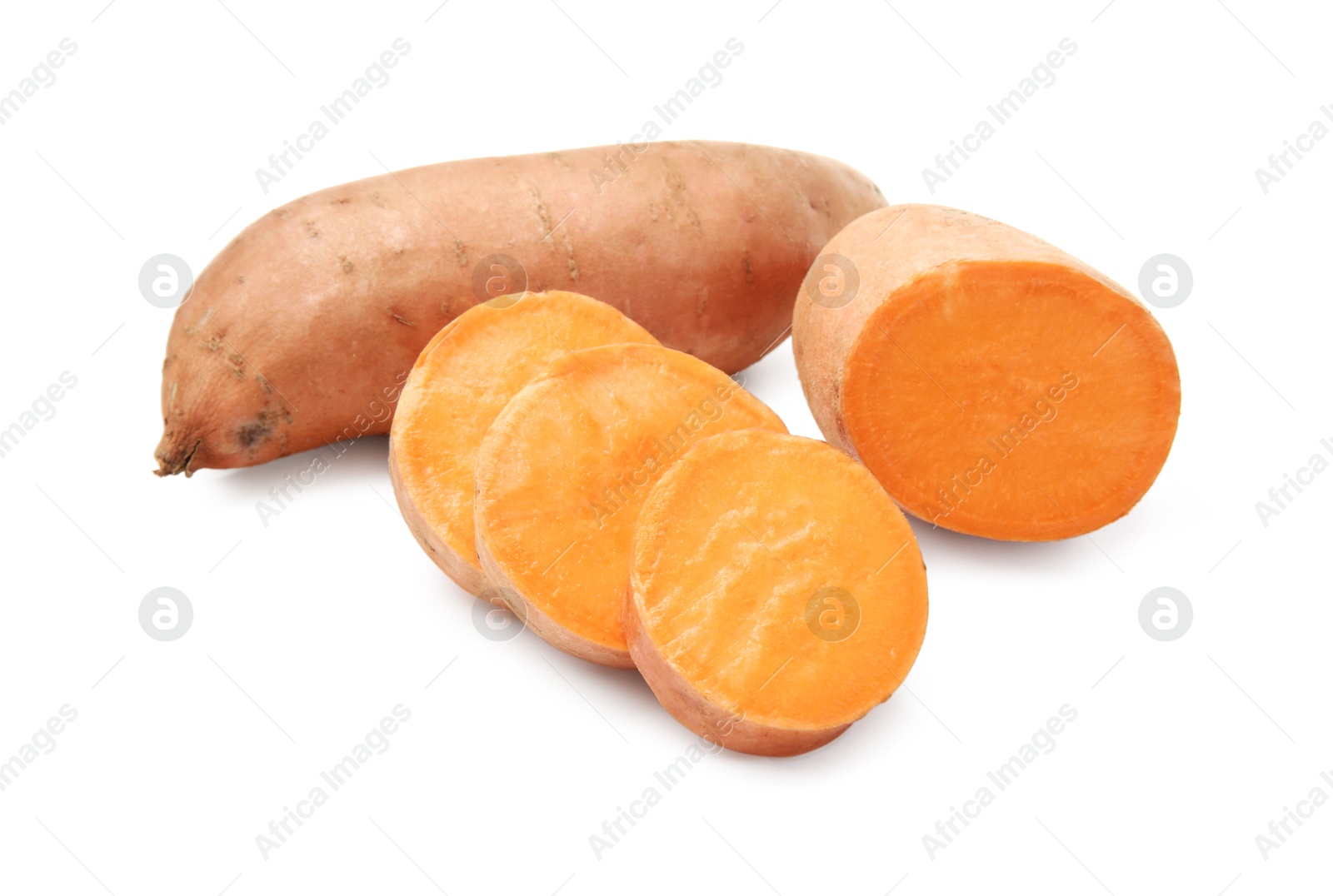 Photo of Fresh raw sweet potatoes isolated on white