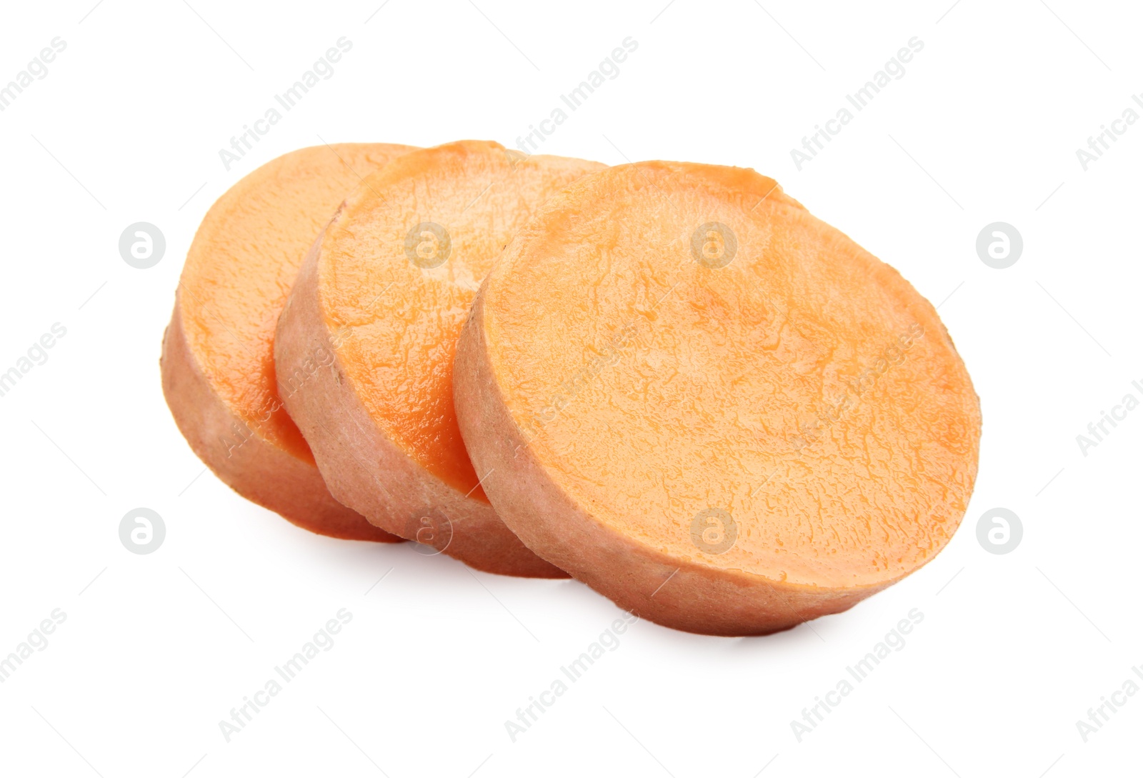 Photo of Pieces of raw sweet potato isolated on white