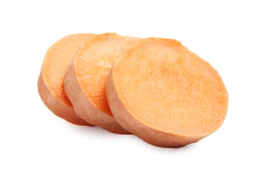 Photo of Pieces of raw sweet potato isolated on white