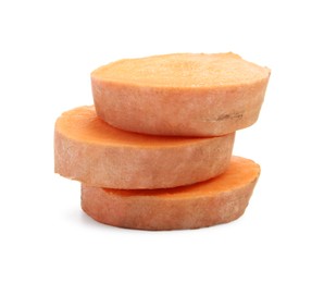 Photo of Pieces of raw sweet potato isolated on white