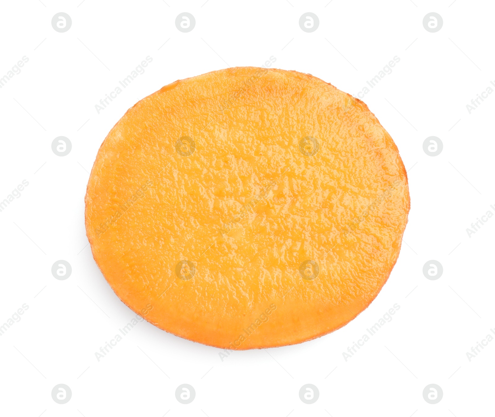 Photo of Piece of raw sweet potato isolated on white, top view