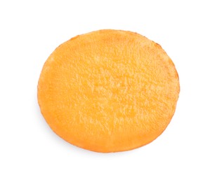 Photo of Piece of raw sweet potato isolated on white, top view