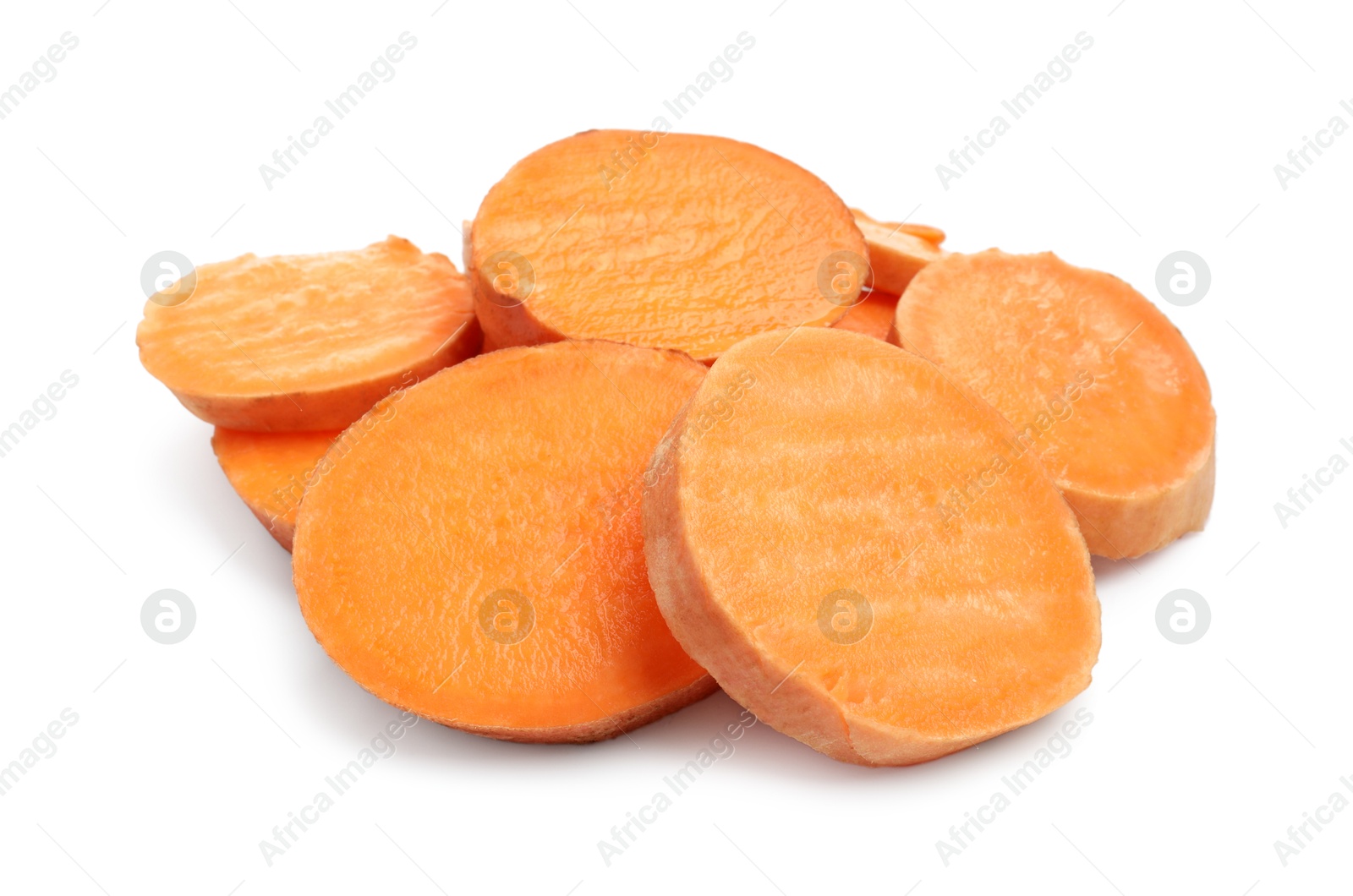 Photo of Pieces of raw sweet potato isolated on white