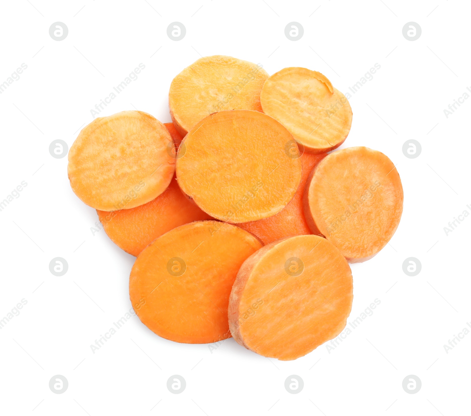 Photo of Pieces of raw sweet potato isolated on white, top view