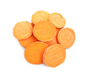 Photo of Pieces of raw sweet potato isolated on white, top view