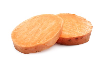 Photo of Pieces of raw sweet potato isolated on white