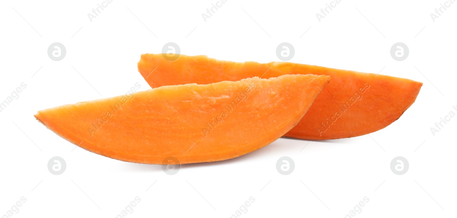 Photo of Pieces of raw sweet potato isolated on white