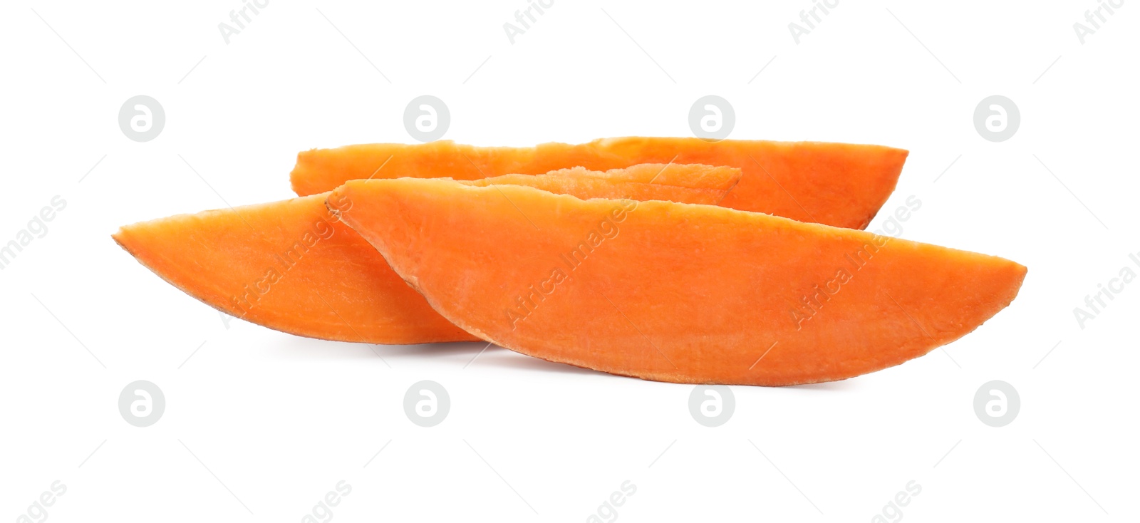 Photo of Pieces of raw sweet potato isolated on white