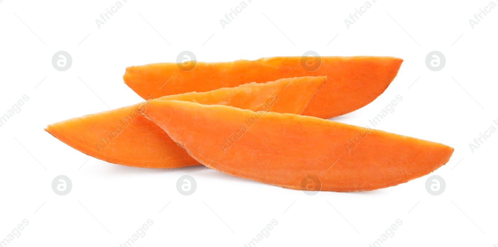 Photo of Pieces of raw sweet potato isolated on white