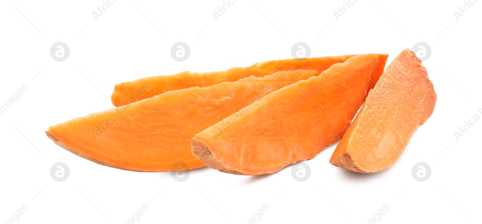 Photo of Pieces of raw sweet potato isolated on white