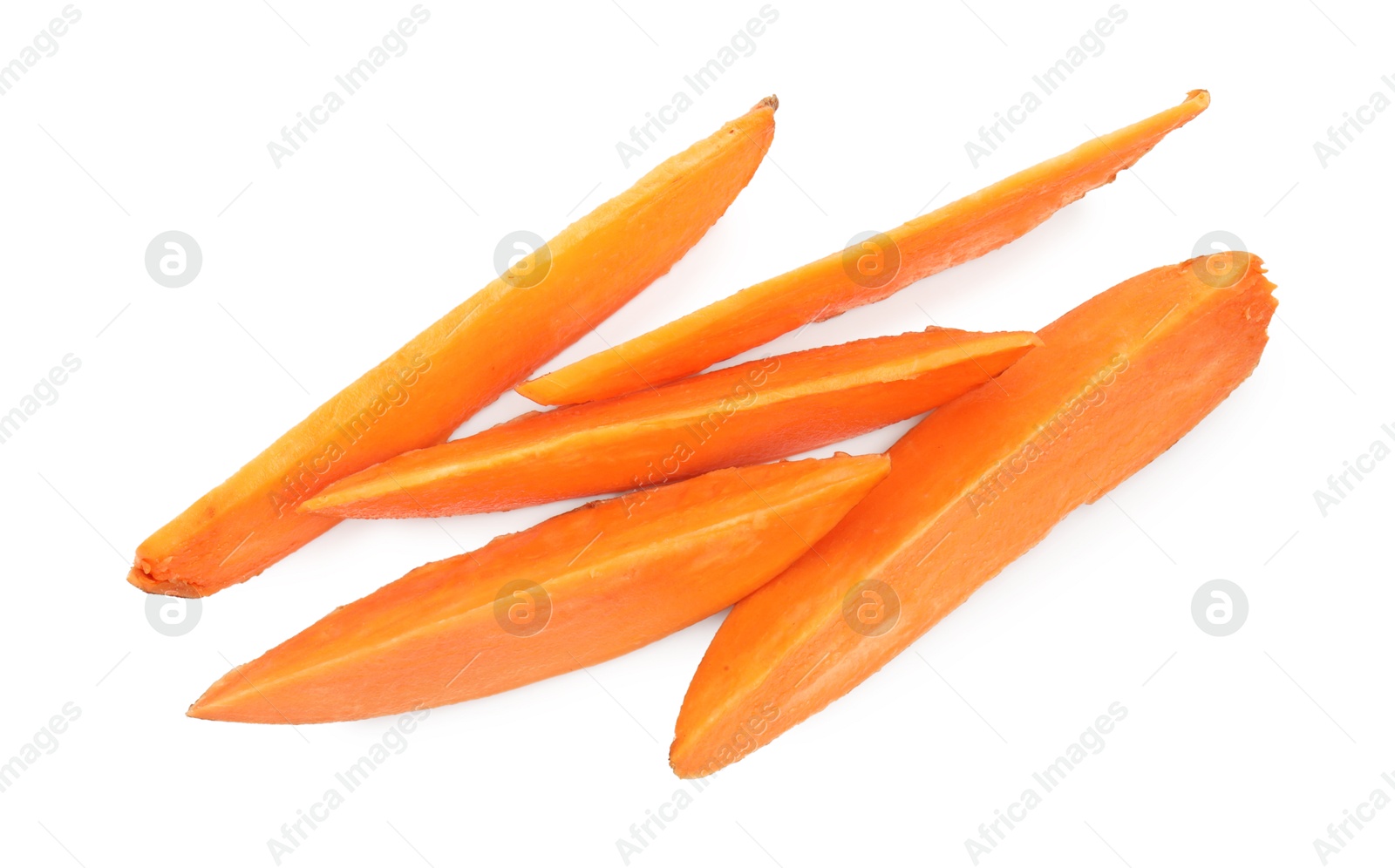 Photo of Pieces of raw sweet potato isolated on white, top view