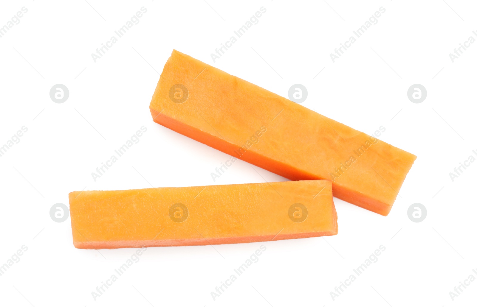 Photo of Pieces of raw sweet potato isolated on white, top view