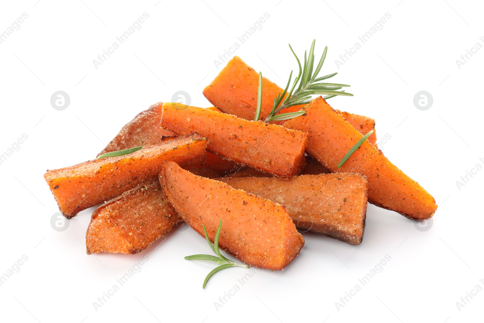 Photo of Pieces of tasty baked sweet potato with rosemary isolated on white