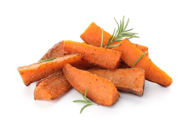 Photo of Pieces of tasty baked sweet potato with rosemary isolated on white