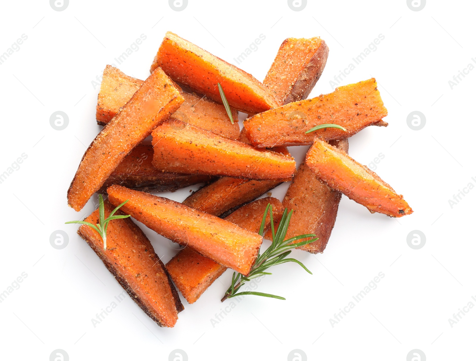 Photo of Pieces of tasty baked sweet potato with rosemary isolated on white, top view