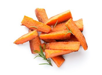 Pieces of tasty baked sweet potato with rosemary isolated on white, top view