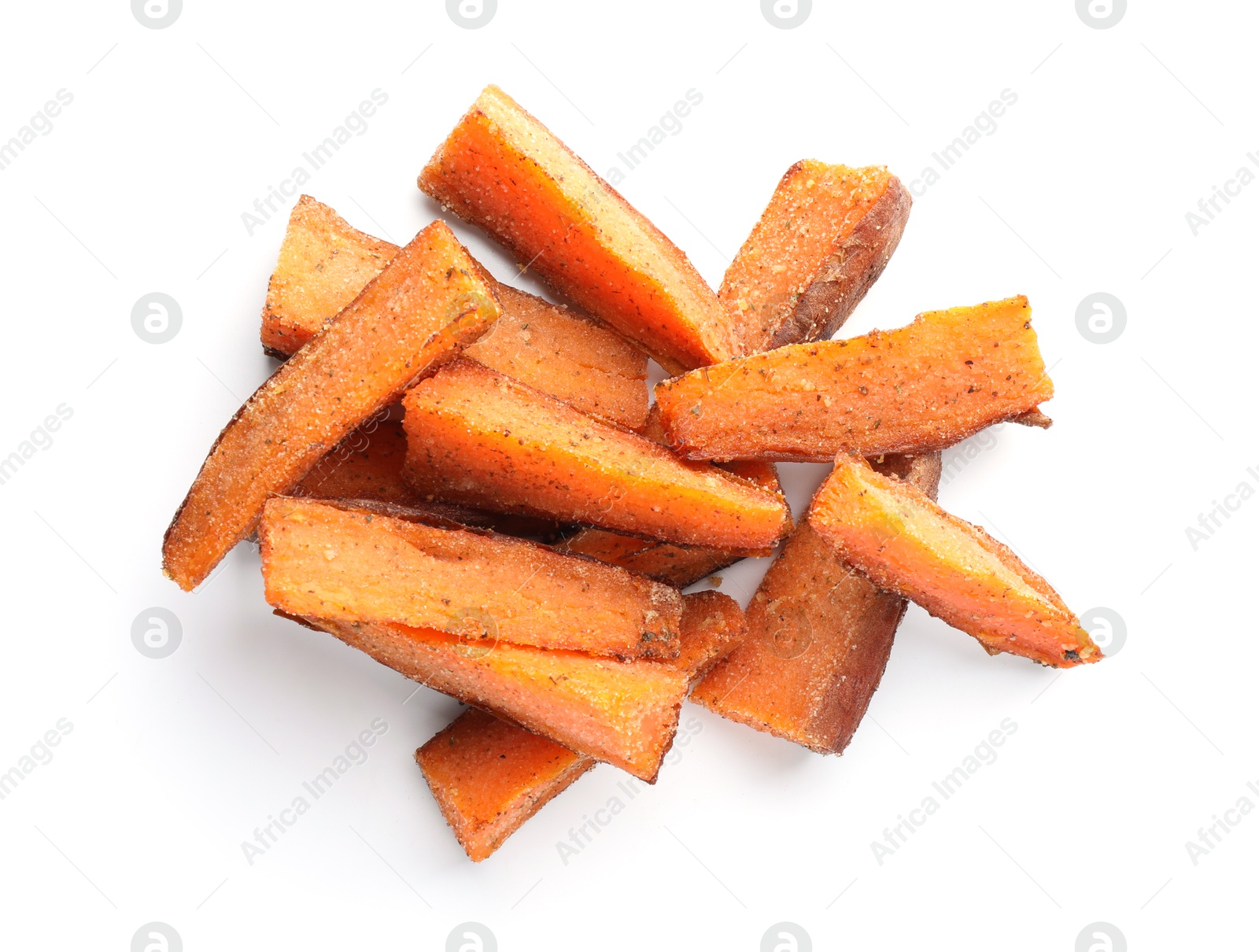 Photo of Pieces of tasty baked sweet potato isolated on white, top view