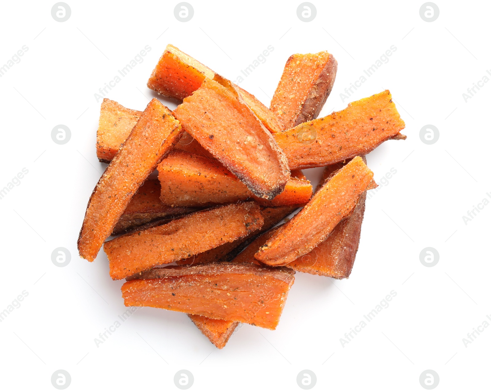 Photo of Pieces of tasty baked sweet potato isolated on white, top view