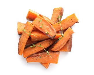 Pieces of tasty baked sweet potato with microgreens isolated on white, top view