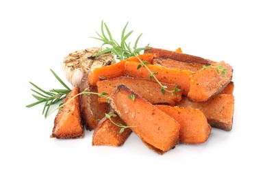 Photo of Pieces of tasty baked sweet potato with microgreens, rosemary and garlic isolated on white