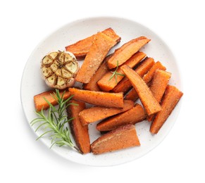 Pieces of tasty baked sweet potato with garlic and rosemary isolated on white, top view