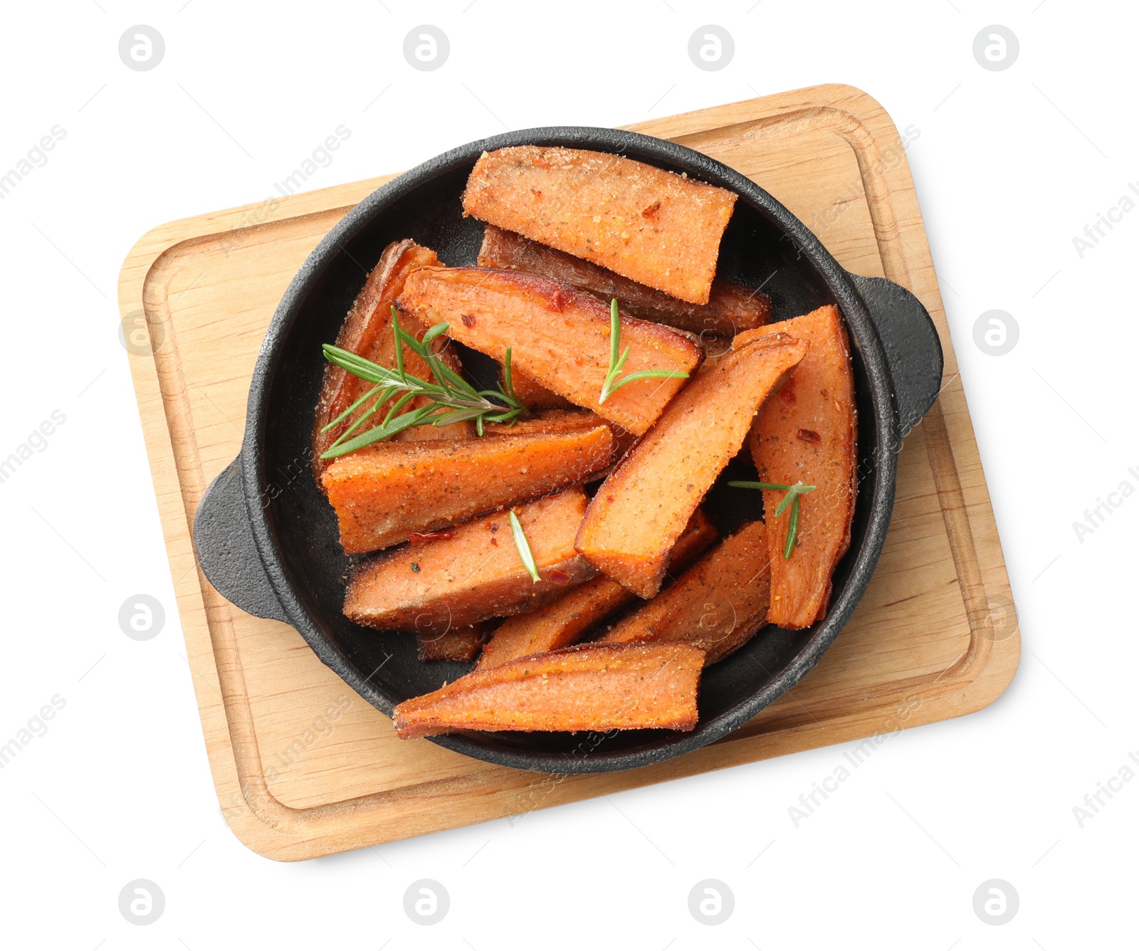 Photo of Pieces of tasty cooked sweet potato with rosemary in baking dish isolated on white, top view