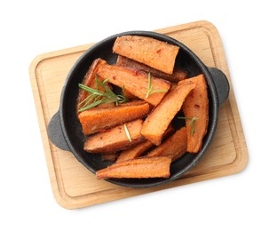 Pieces of tasty cooked sweet potato with rosemary in baking dish isolated on white, top view