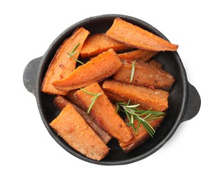 Pieces of tasty cooked sweet potato with rosemary in baking dish isolated on white, top view