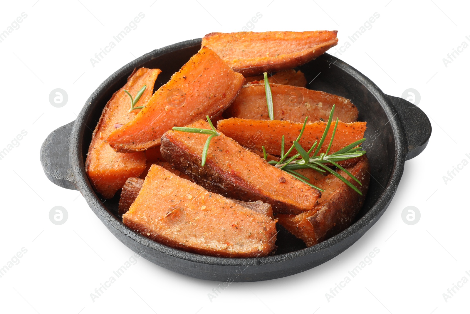 Photo of Pieces of tasty cooked sweet potato with rosemary in baking dish isolated on white