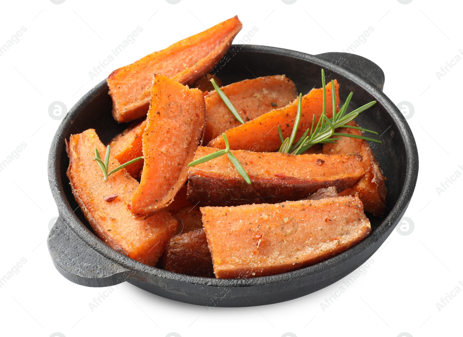 Photo of Pieces of tasty cooked sweet potato with rosemary in baking dish isolated on white