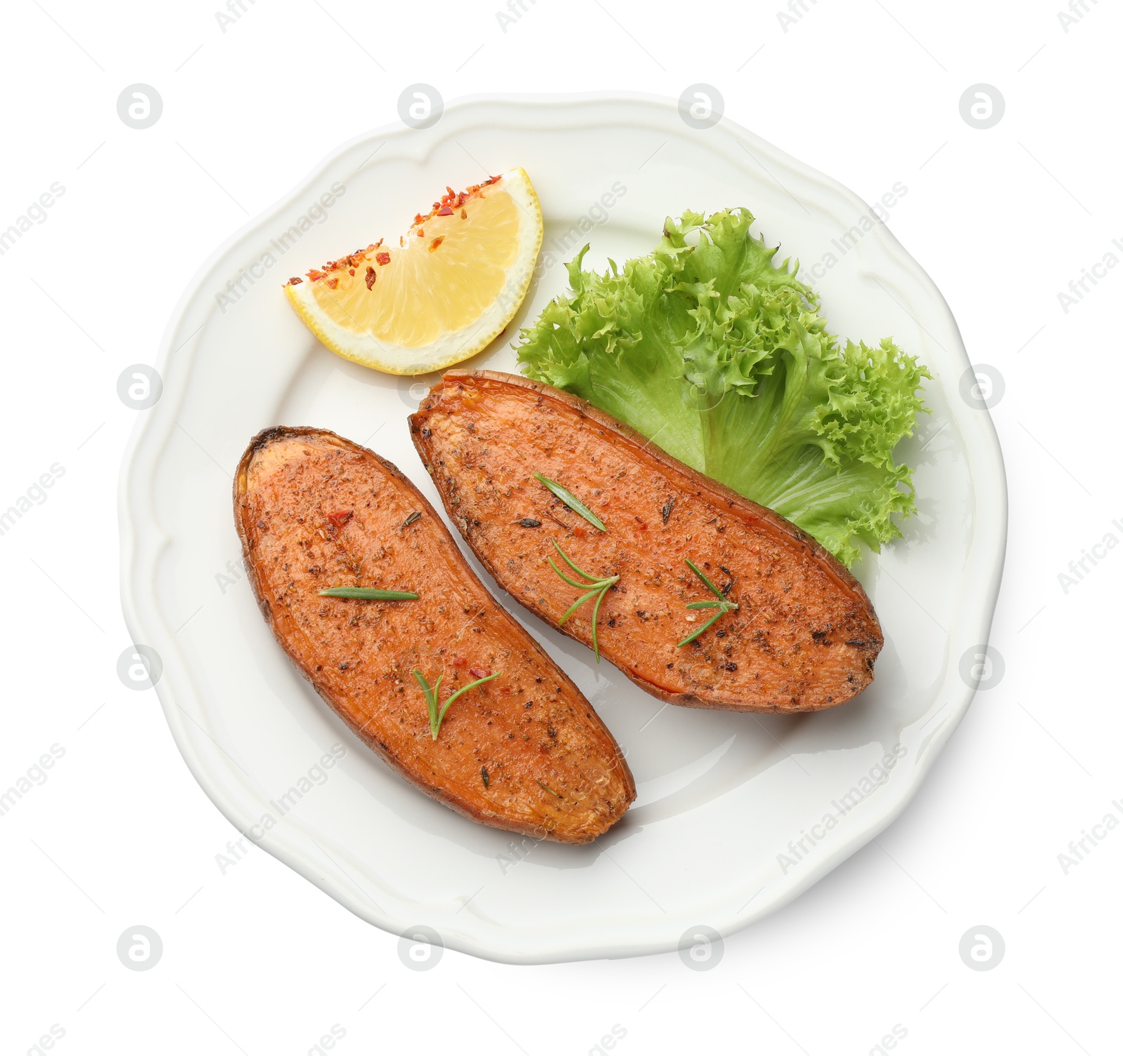 Photo of Tasty baked sweet potato with lemon, lettuce and rosemary isolated on white, top view