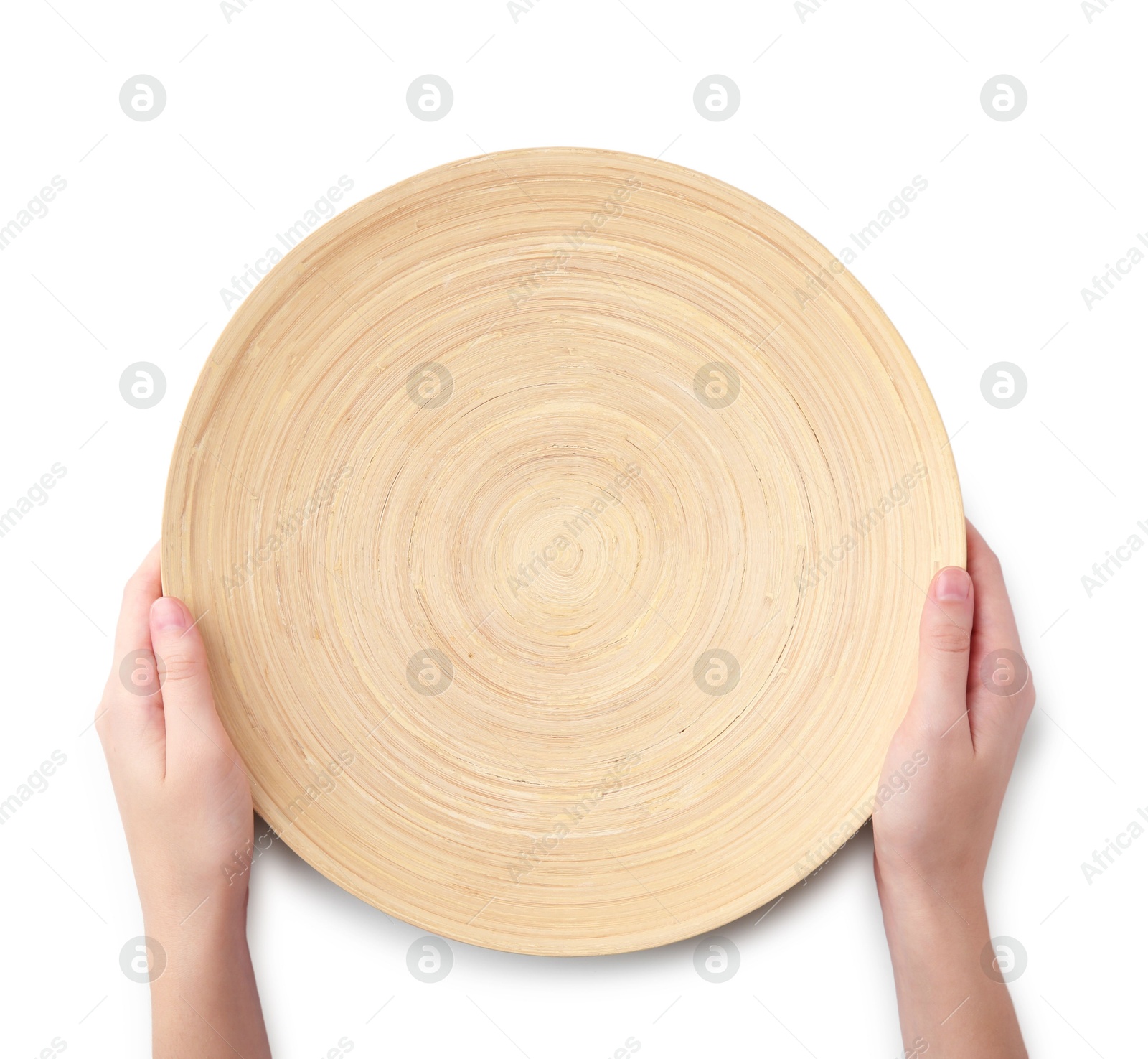 Photo of Woman holding wooden plate on white background, top view