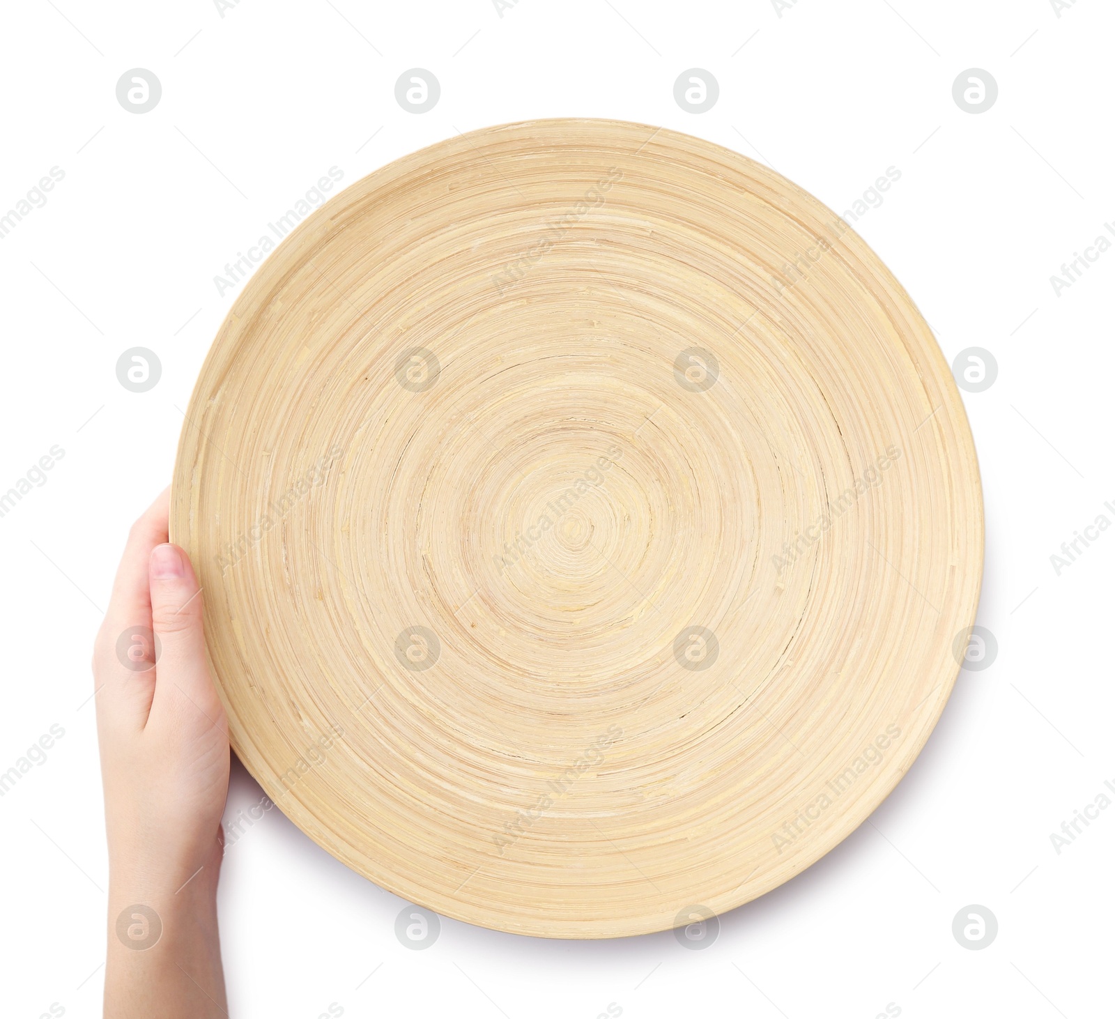 Photo of Woman holding wooden plate on white background, top view