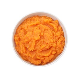 Photo of Tasty mashed sweet potato in bowl isolated on white, top view