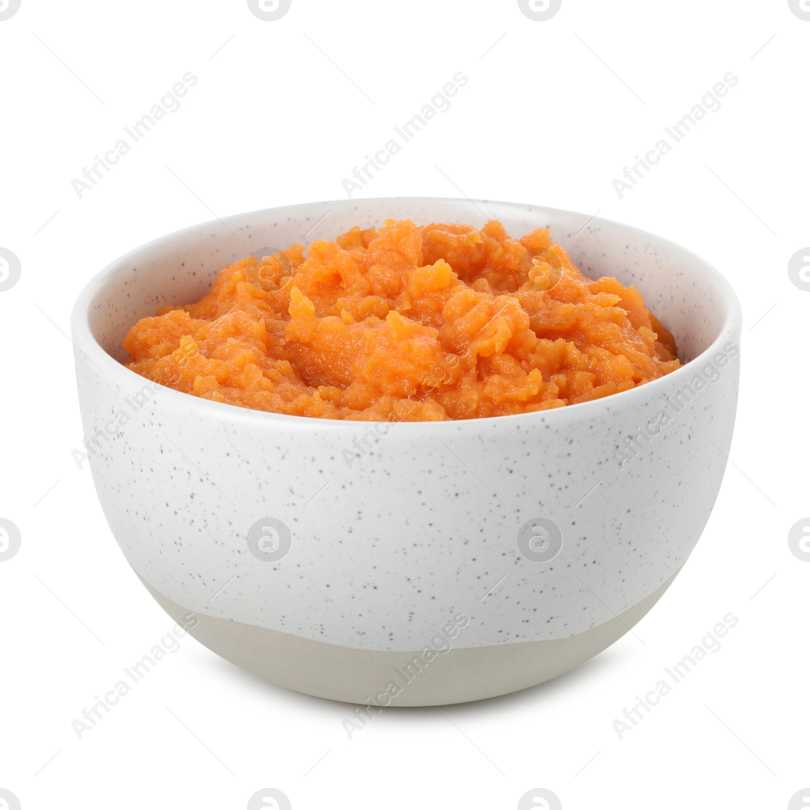 Photo of Tasty mashed sweet potato in bowl isolated on white