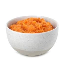 Photo of Tasty mashed sweet potato in bowl isolated on white